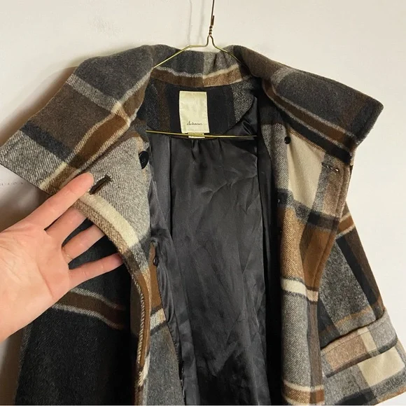 Elevenses Womens Wool blend Plaid Brown and Black Pea Coat Anthropologie size S - Picture 7 of 14
